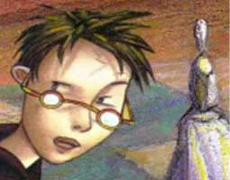 Gezeichnetes Motiv eines Jungen mit runder Brille, dahinter eine Figur im Umhang.