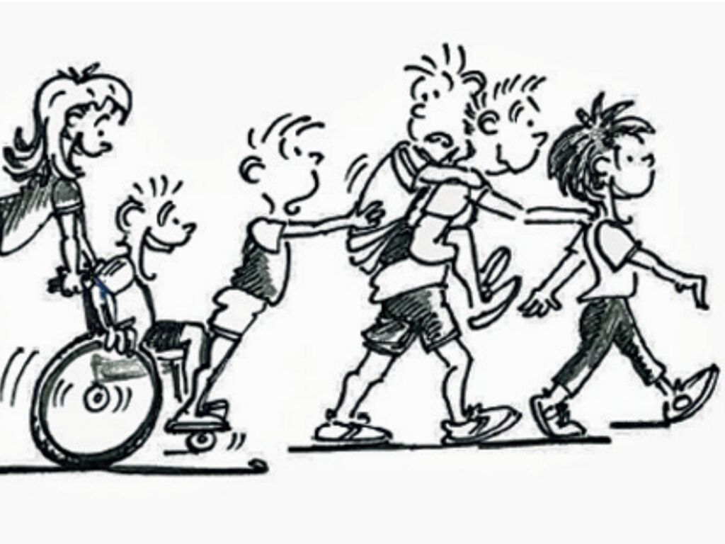 Eine Schwarz-Weiß-Zeichnung: mehrere Kinder bewegen sich in einer Reihe gemeinsam vorwärts, darunter ein Kind im Rollstuhl und eines auf einem Rollbrett; sie halten sich gegenseitig fest.
