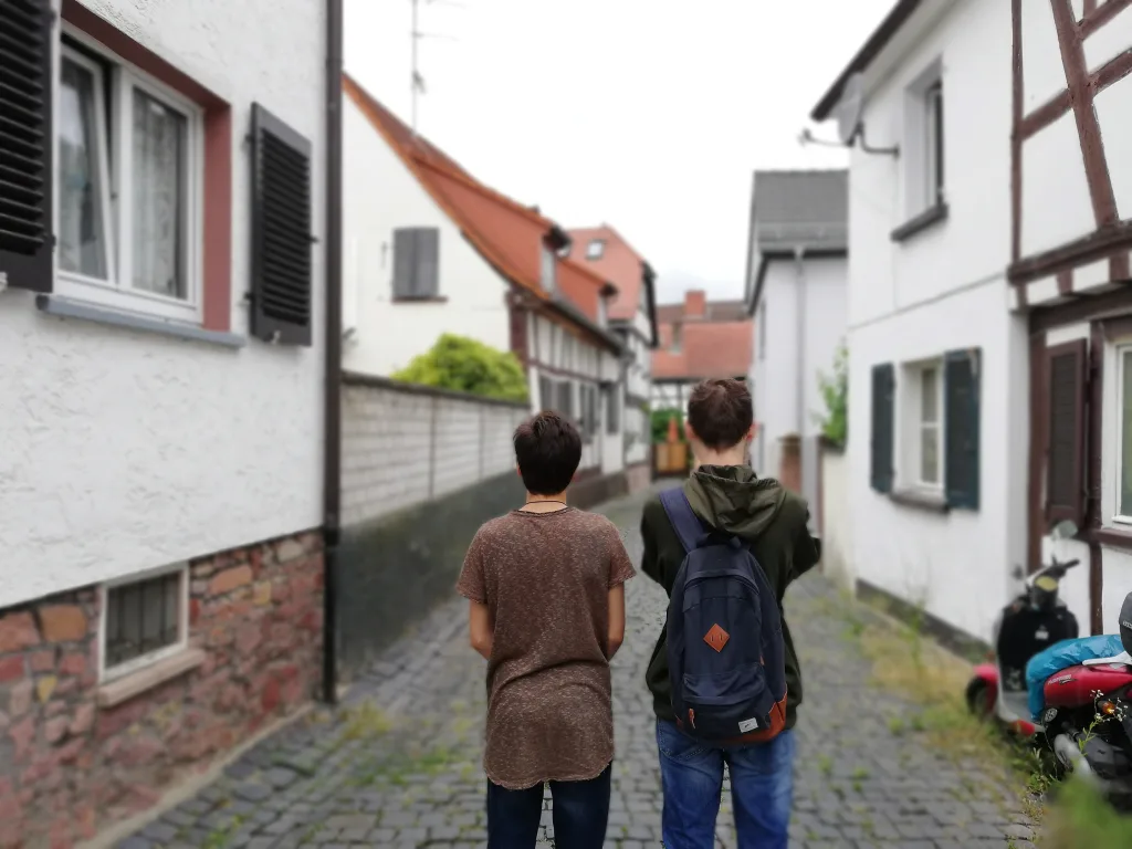 Zwei Jugendliche gehen durch eine schmale Altstadtgasse.