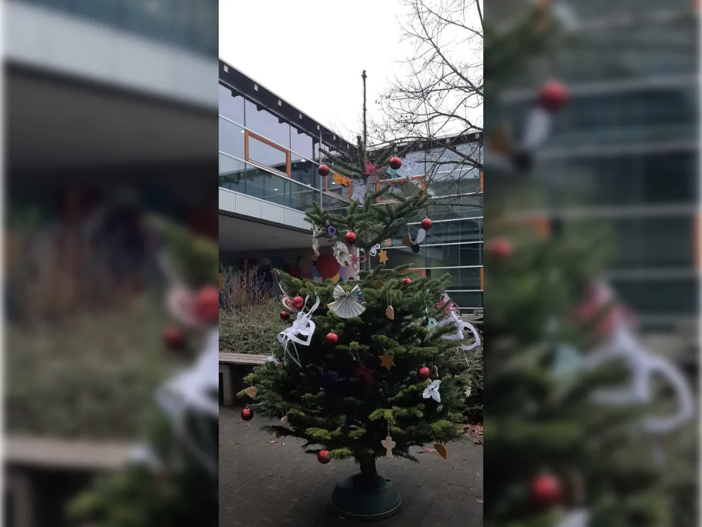 Ein mit roten Kugeln und gebastelten Anhängern geschmückter Weihnachtsbaum steht vor dem Schulgebäude.