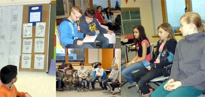 Drei Aufnahmen aus der Klassenlehrerstunde: Stuhlkreis, Gespräch und Pinnwand.